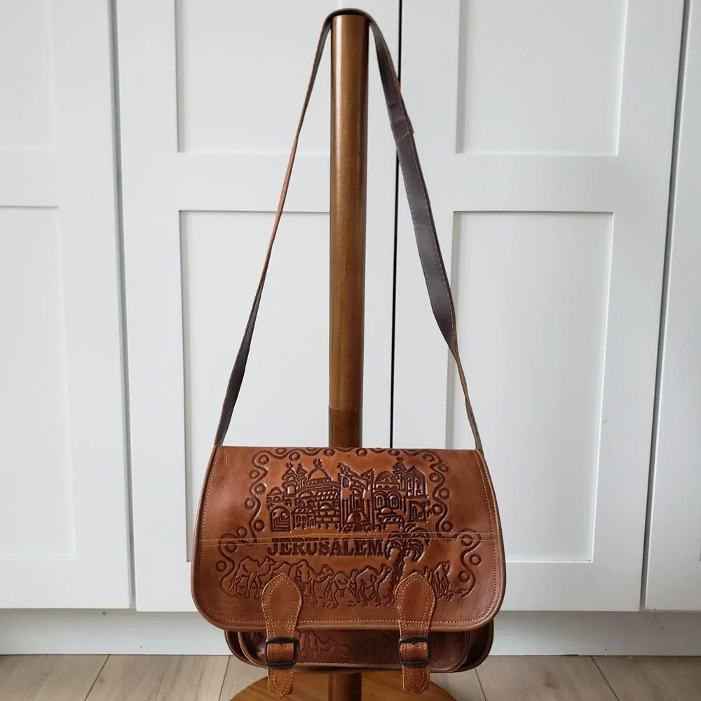 Holy Land Jerusalem Messenger Bag Unisex Medium Brown Leather Tooled Souvenir